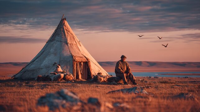 Nomadic herder resting outside a traditional tent during a vibrant golden hour sunset over plains.