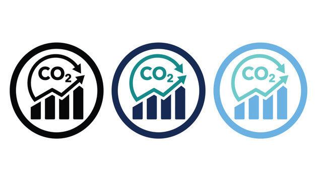Set of co2 reduction and carbon emissions icons with bar graphs, recycling arrows, and chemical formulas