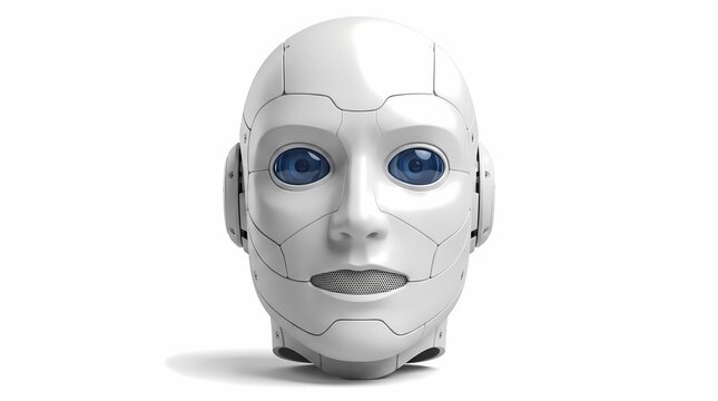 Futuristic white robot head with blue eyes, humanoid android face, artificial intelligence and robotics concept for high-tech innovation