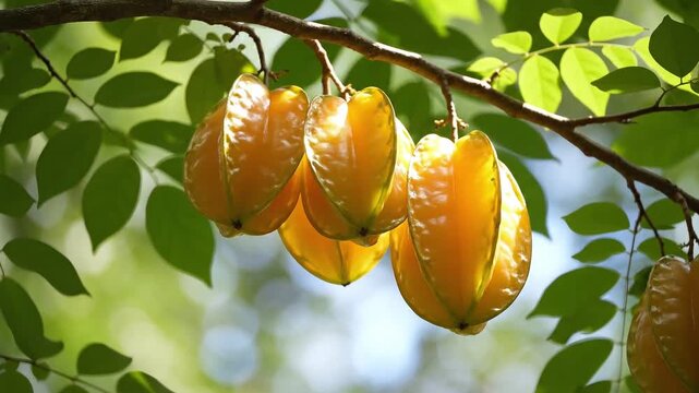 Fresh Golden Starfruits Hanging on Branch in 4K Sunlight