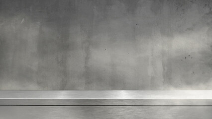 Fototapeta premium Empty brushed stainless steel metal shelf tabletop product display studio counter podium with dark grey rustic concrete cement wall texture background mockup presentation template copy space.