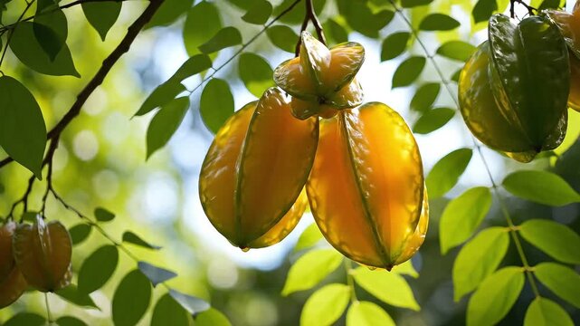 Ripe Golden Starfruit Hanging on Tree Branch in 4K Resolution