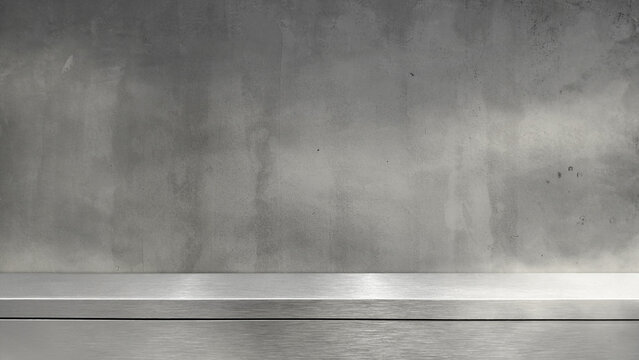 Empty brushed stainless steel metal shelf tabletop product display studio counter podium with dark grey rustic concrete cement wall texture background mockup presentation template copy space.