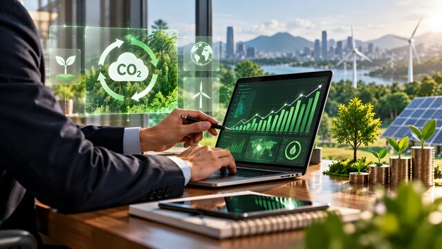 Businessman analyzing sustainable finance and ESG investment data on a laptop with holographic interfaces showing CO2 reduction, renewable energy growth, and environmental impact in a modern office