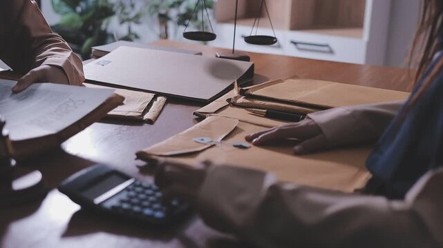 Consultation and conference of professional businesswoman and Male lawyers working and discussion having at law firm in office. Concepts of law, Judge gavel with scales of justice