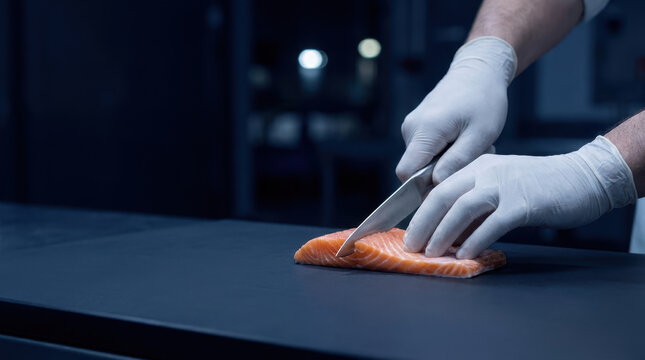 Salmon food security solutions support hygienic preparation by gloved chef using sharp knife on dark kitchen counter