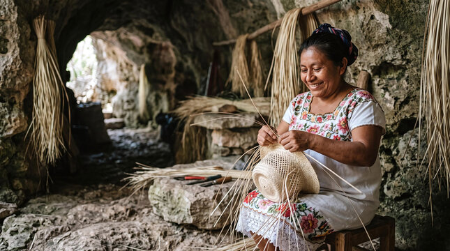 Smiling artisan woman weaving a traditional jipijapa palm straw hat in a cave