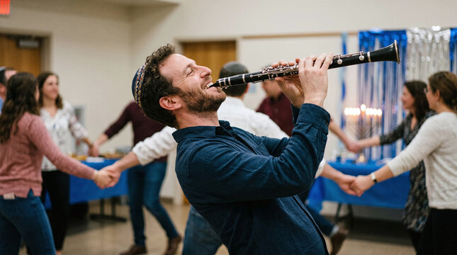 Jewish clarinetist playing klezmer music while people dance at a Hanukkah party