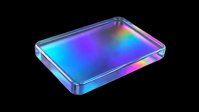 Iridescent glass rectangle floating on black background