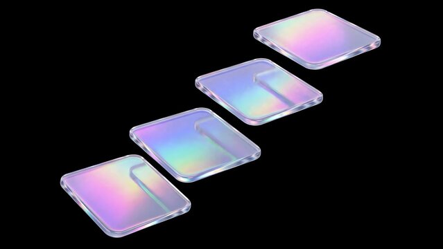 Four iridescent square glass coasters arranged diagonally