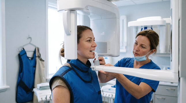 Female dentist preparing panoramic dental x-ray scan for patient in clinic