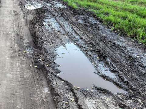Long narrow puddle in deep muddy ruts on a dirt road