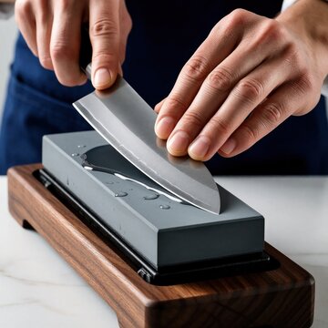 Chef hands sharpen steel kitchen knife on gray whetstone. Person uses stone tool with water to hone blade edge in home kitchen. Close up of manual sharpening process for pro cutlery maintenance, food