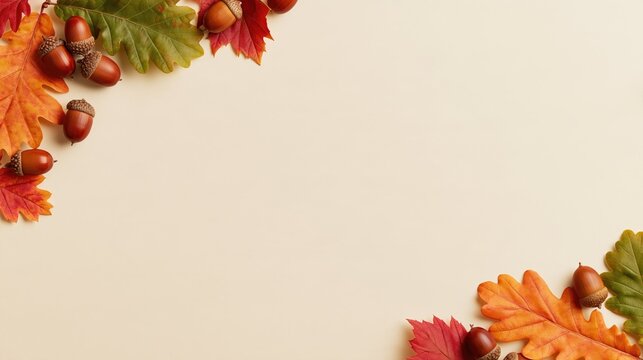 Growth and Continuous Learning Autumn Leaves Acorn Frame on Beige Background with Copy Space