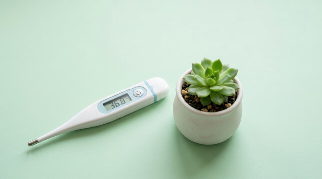 Bridging health equity gap initiatives through accessible care symbolized by digital thermometer and green succulent plant on calm surface