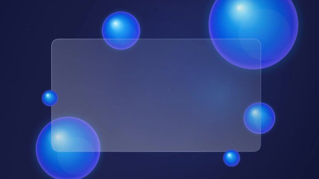 blue glowing glass bubble frame with floating spheres on dark futuristic abstract background animation, copy space for text, presentations, advertising, websites, technology concepts, and modern.