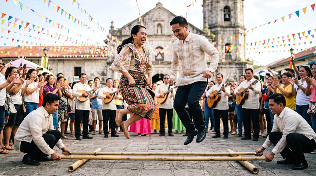 Filipino couple performing traditional Tinikling bamboo dance at a town fiesta