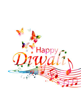 Happy Diwali Festival Greeting with Butterflies and Colorful Musical Notes