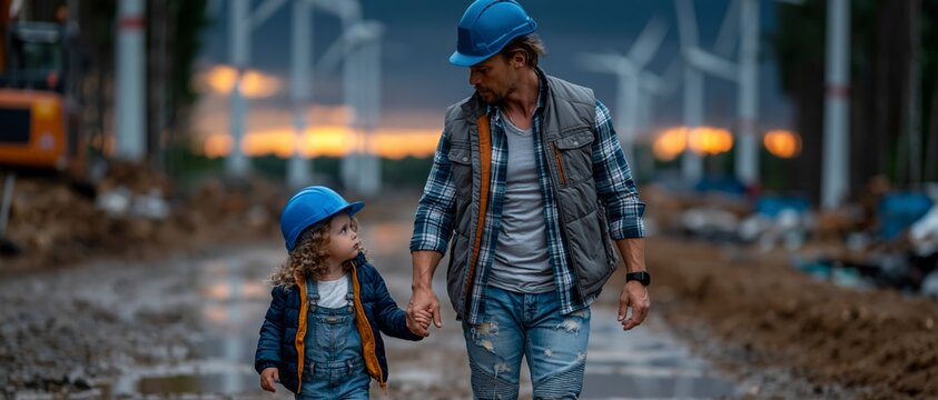 A father and son wearing blue hard hats walk hand in hand at a construction site with wind turbines in the background.