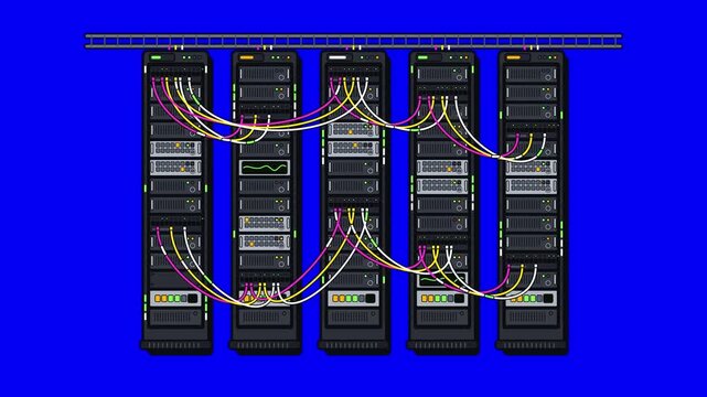 Data Center Server Racks with Blinking LEDs and Cables on Blue Screen