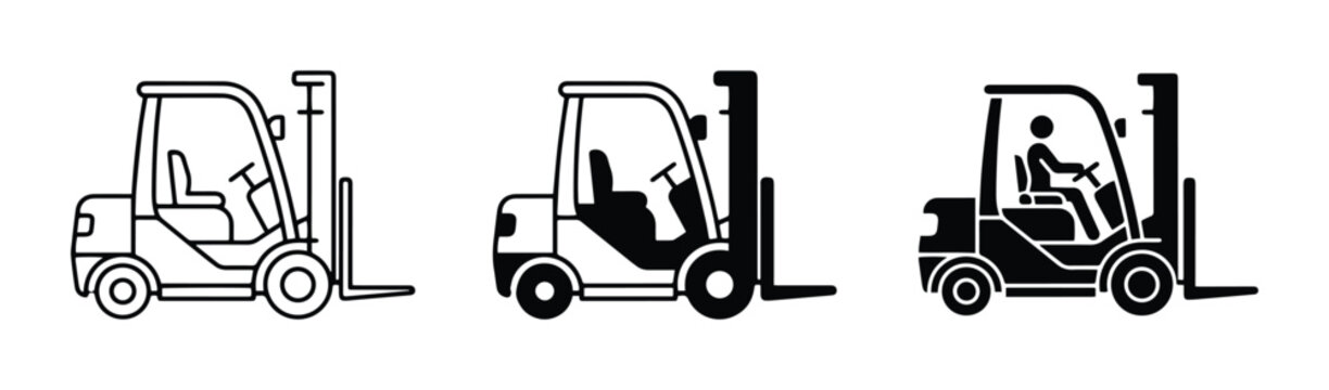 Forklift truck silhouettes set with loader and operator