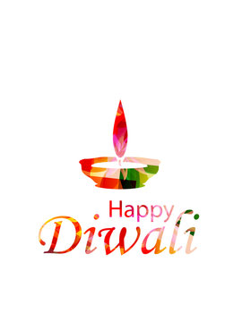 Happy Diwali Greeting with Traditional Colorful Diya Oil Lamp and Flame