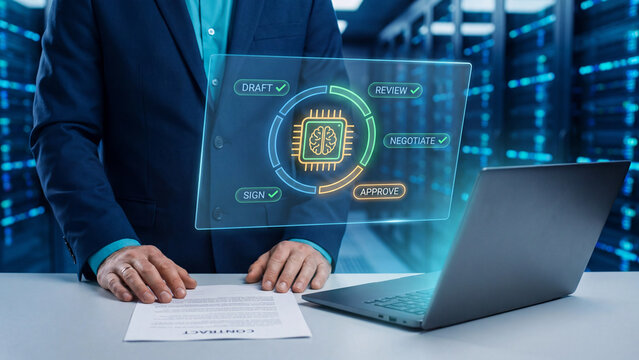 AI contract management and automated agreement workflow concept, businessman with contract document, laptop and AI chip for draft, negotiation, approval and signature