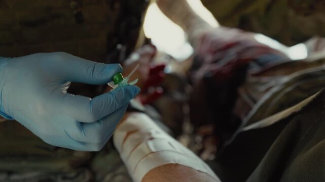 A gloved military medic holds an IV needle, preparing to administer first aid to a wounded soldier at a field stabilization point.