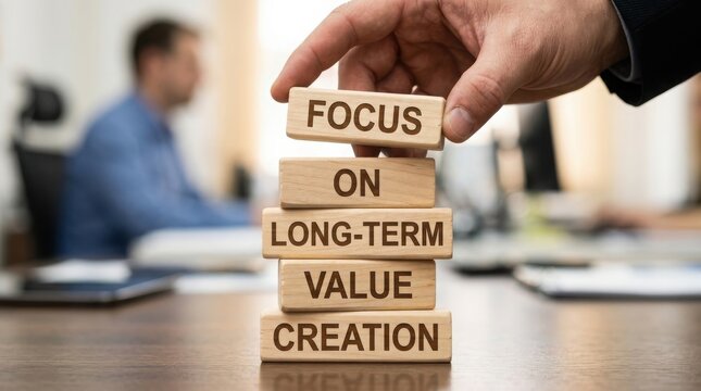 Hand building wooden blocks with focus on long term value creation concept