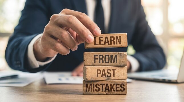 Business professional building a tower of blocks with motivational words
