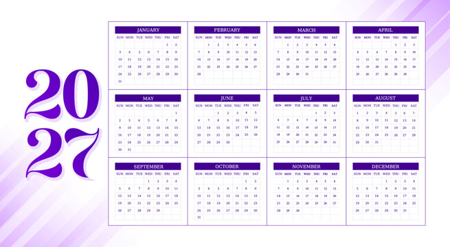 Elegant Purple 2027 Year Calendar Template with 12 Month Grid Layout