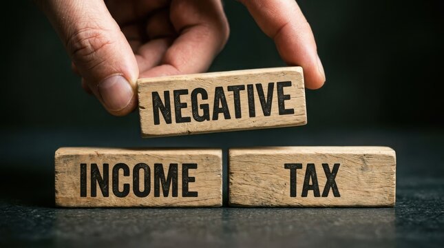 Hand holding wooden blocks spelling negative income tax concept
