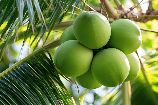 Cluster of fresh green coconuts growing on a coconut palm tree, surrounded by lush tropical leaves in bright sunlight.