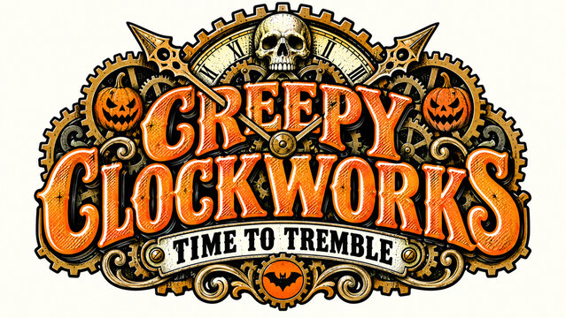 Creepy Clockworks Halloween Emblem with Skull Clock, Orange Gears and Gothic Vintage Lettering, Spooky Mechanical Badge for a Haunted Workshop
