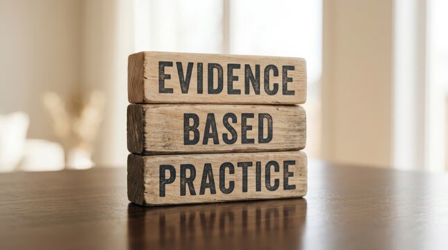 Evidence based practice concept with wooden block letters on a reflective surface