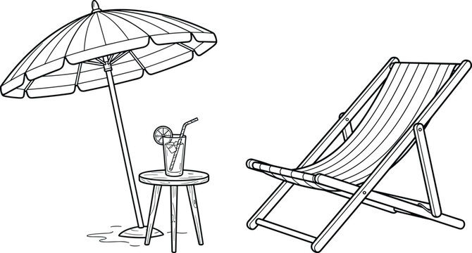 Summer Beach Chair And Parasol Vector Set Featuring Tropical Vacation Lounge Elements With A Refreshing Cocktail Drink