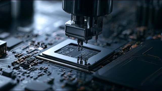 Robotic probe inspecting a semiconductor circuit board, photorealistic style, on dark background, precision technology concept
