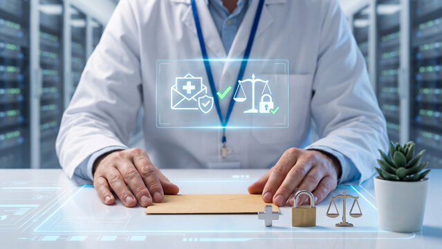 HIPAA compliant medical email and healthcare data privacy concept, doctor in lab coat with envelope, medical cross and virtual protected email checkmark in data center