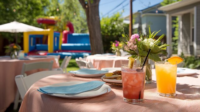 Bright outdoor party scene showcasing a colorful inflatable bounce house, tables, drinks, and festive decorations under sunlight