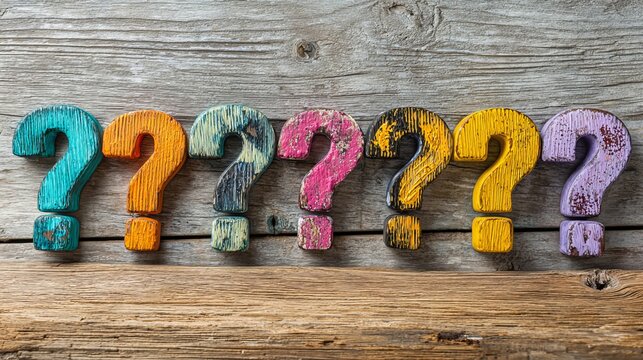 Colorful wooden question marks lined up on weathered wood, concept representing uncertainty and seeking answers for business ideas