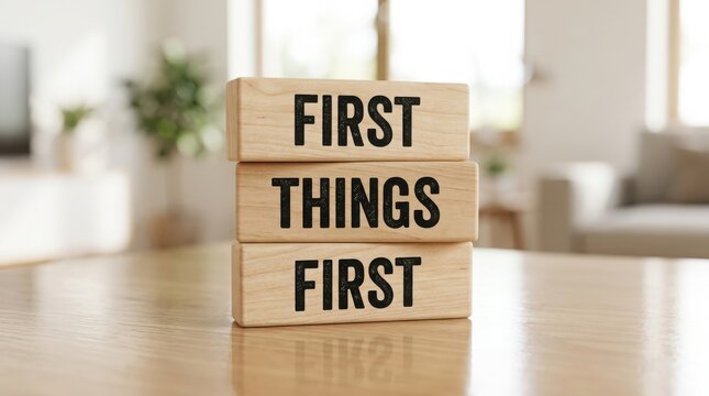 Wooden blocks spell out first things first on a reflective surface