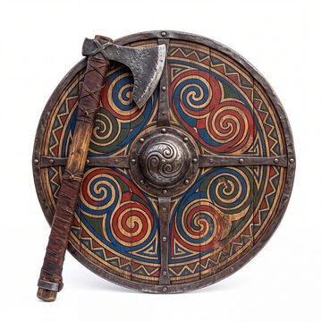 Viking wooden round shield and iron battle axe on white background
