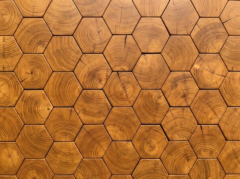 Detailed macro close-up photograph of a natural wood wall texture featuring an intricate geometric repeating pattern of interlocking hexagonal timber blocks with visible growth rings