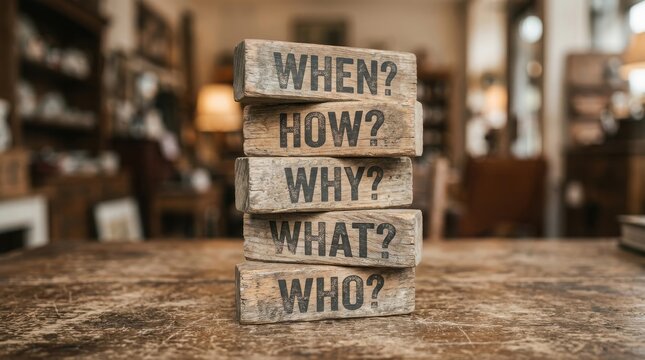 Wooden blocks stacked with the questions who what why when where how
