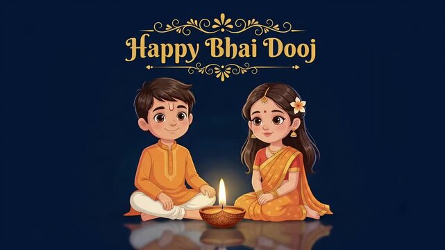 Happy Bhai Dooj Cute Brother and Sister with Diya Animated Cartoon Video
