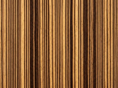 Detailed close-up photograph of natural zebrawood veneer featuring straight parallel grain patterns with contrasting dark brown and light golden stripes