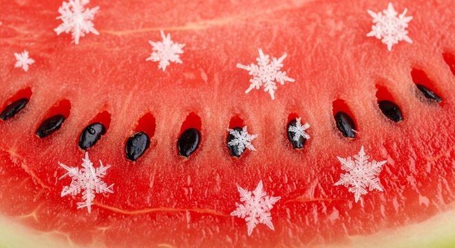 Red watermelon slice with white snowflake decorations.