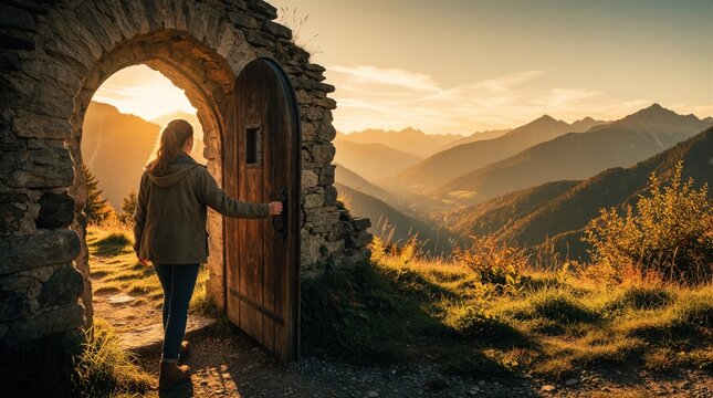 Young woman opens old wooden door in stone archway. Female traveler looks at mountain landscape during golden sunset. Concept of freedom, new beginning, discovery in nature. Scenic view of hills,
