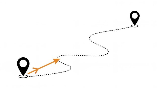 Animated path with location pin markers showing winding versus direct route comparison, GPS navigation tracking line and shortcut concept motion graphics on white background
