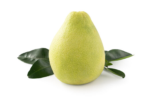 Fresh pomelo fruit with leaf isolated on white background with clipping path.